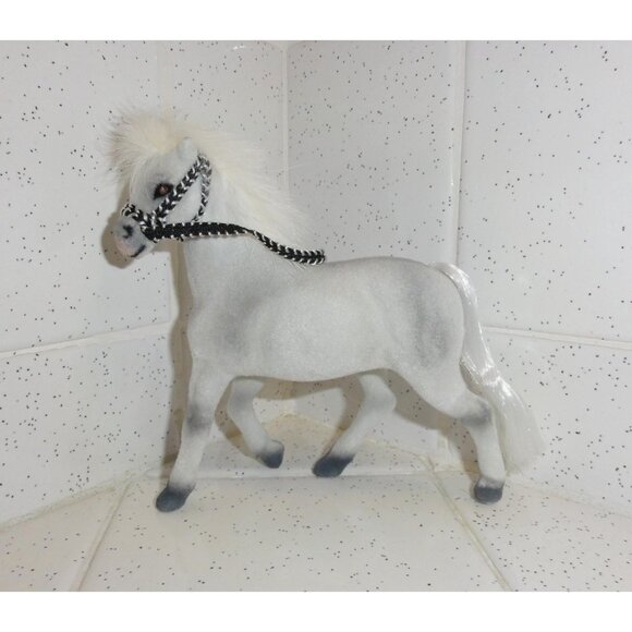 Vintage White & Gray Fuzzy Flocked Horse w/ Bridal Figurine collectable - Picture 2 of 14